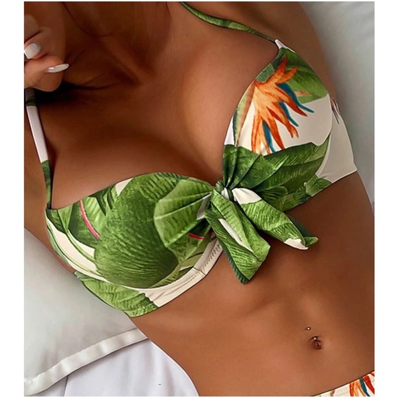 Tropical Leaves Print Tie Beach Swim Bikini - Picture 4 of 8